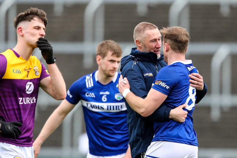 Laois manager Billy Sheehan talks with Kieran Lillis after the team's victory over Wexford earlier this month. Photograph: Ben Brady/Inpho