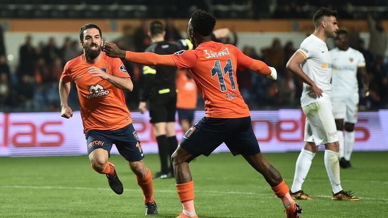 Arda Turan celebrates scoring for Istambul Basaksehir against Kayseri. Photograph: Ozan Kose/Getty