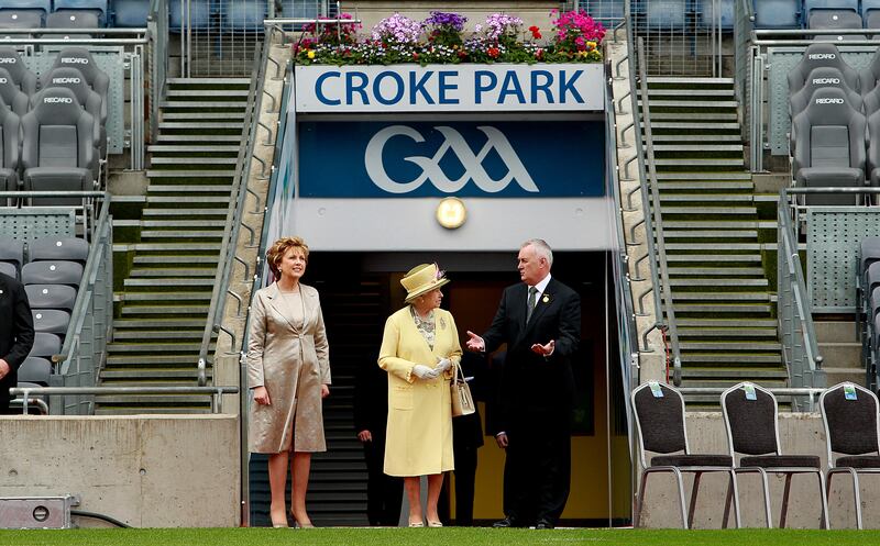 President  Mary McAleese, Queen Elizabeth II and GAA President Christy Cooney at Croke Park, Dublin, during the second day of the queen's state visit to Ireland in 2011. Photograph: Julien Behal/PA Wire