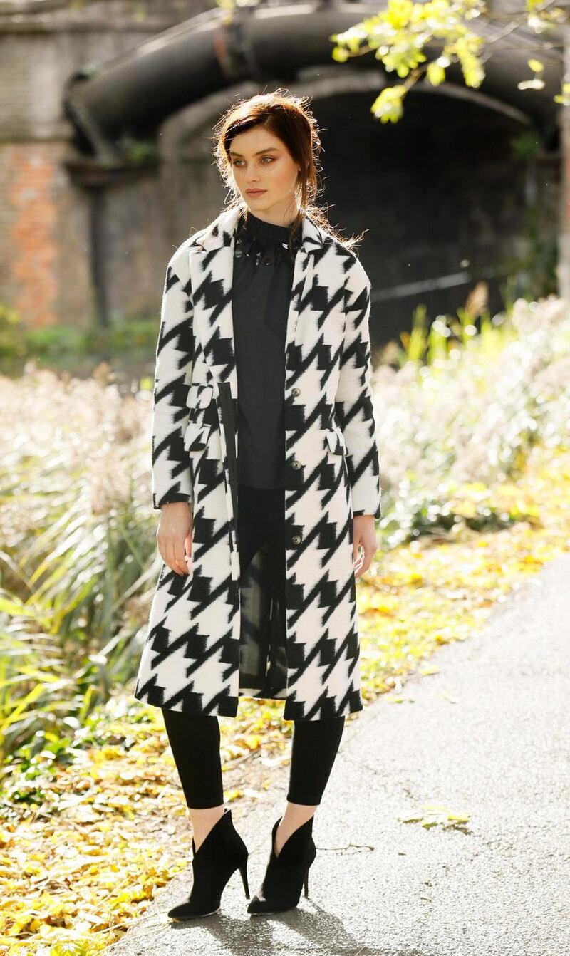 The Autograph wool blend dogtooth print coat	is €140 while the Autograph pure cotton sequin long-sleeve blouse is €65. The high-waist super skinny jeggings	are €27 and stiletto fold-over ankle boots can be bought for €65. Photograph: Kieran Harnett