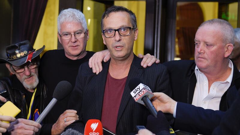Gordon Hill, Phil Nagle, David Ridsdale and Dominic Ridsdale, survivors of child abuse by Catholic clergy in Australia, speak to the media at the Quirinale hotel in Rome on Friday. Photograph: Andreas Solaro/AFP/Getty Images