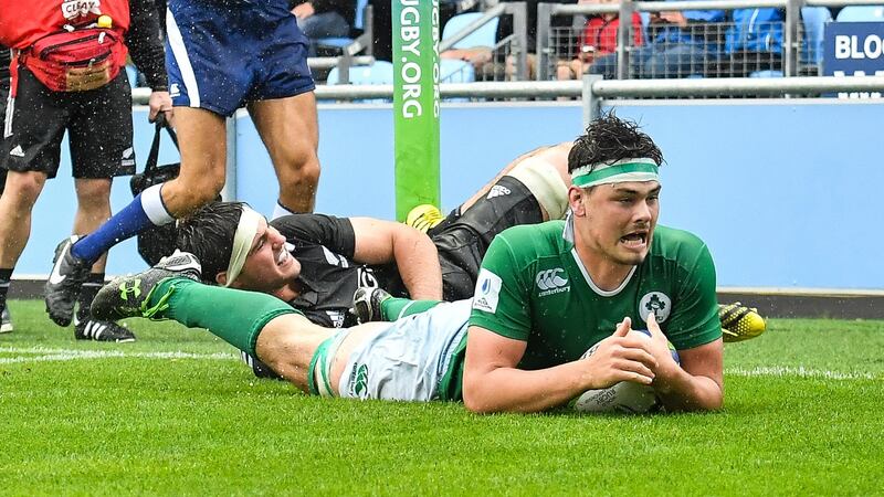Max Deegan scores a try against New Zealand during the 2016 World Rugby Under-20 Championship. Photograph: Inpho