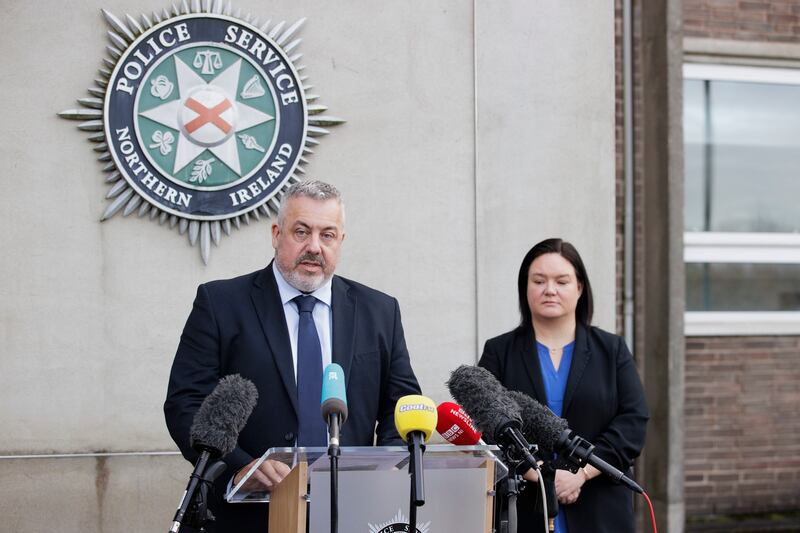 PSNI Det Chief Inspector Neil McGuinness and Det Inspector Gina Quinn announcing the investigation into the clinical practices of former consultant neurologist Dr Michael Watt this week. Photograph: Liam McBurney/PA Wire