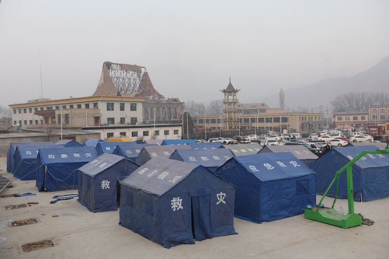 Tents are set up for people evacuated after an earthquake in Dahejia, Jishishan County, in northwest China's Gansu province, on December 19th, 2023. Photograph: AFP/Getty 