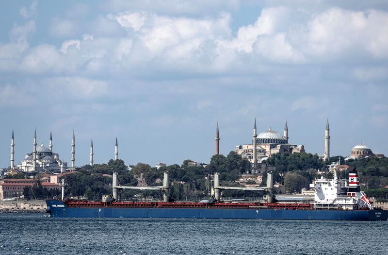 The Liberian-flagged carrier Anna-Theresa, with the Blue Mosque and Hagia Sophia Grand Mosque in the background, sails on the Bosphorus in Istanbul, Turkey, on Sunday. The ship had left Ukraine's Yuzhny port on September 1st, despite Russian threats against shipping since Russia pulled out of the grain transport deal in July.