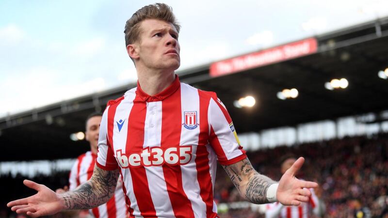 James McClean celebrates scoring  Stoke City’s opening goal during the  Championship match against Charlton Athletic at the  Bet365 Stadium. Photograph: Gareth Copley/Getty Images