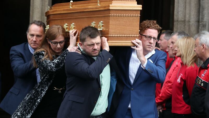 The coffin of Brendan Duddy leaves St Eugene’s Cathedral in Derry. Photograph: Niall Carson/PA Wire