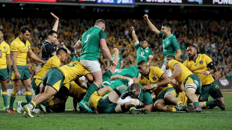 CJ Stander scores Ireland’s first try in Sydney. Photograph: Dan Sheridan/Inpho
