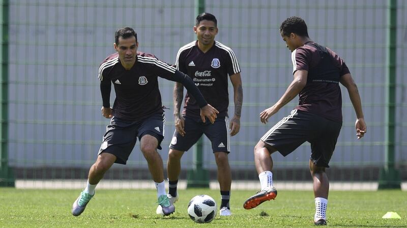 Mexico’s defender Rafael Marquez (left) trains alongside  midfielder Javier Aquino  and forward Giovani Dos Santos  at  at the Novogorsk training centre outside Moscow. Photograph: Yuri Cortez/AFP/Getty Images