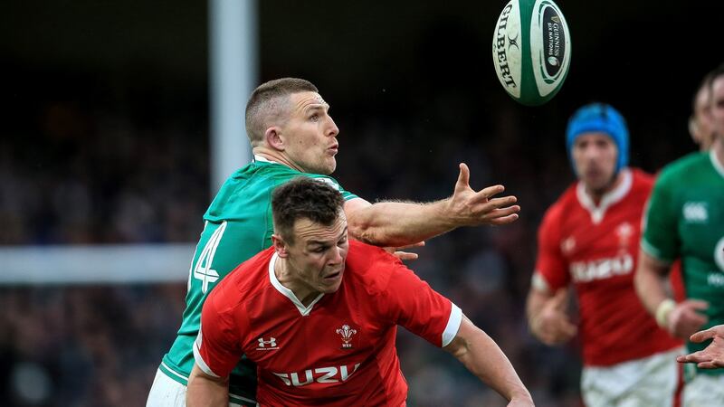 Ireland’s Andrew Conway with Jarrod Evans of Wales in the Guinness Six Nations Championship Round 2 match at Aviva Stadium, Dublin last Saturday. Photograph: Gary Carr/Inpho