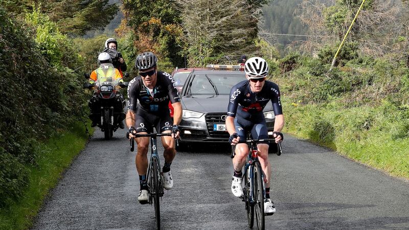 Nicholas Roche of Team DSM and Eddie Dunbar of Team Ineos at Cycling Ireland National Road Championships in Wicklow. Photograph: INPHO/Bryan Keane