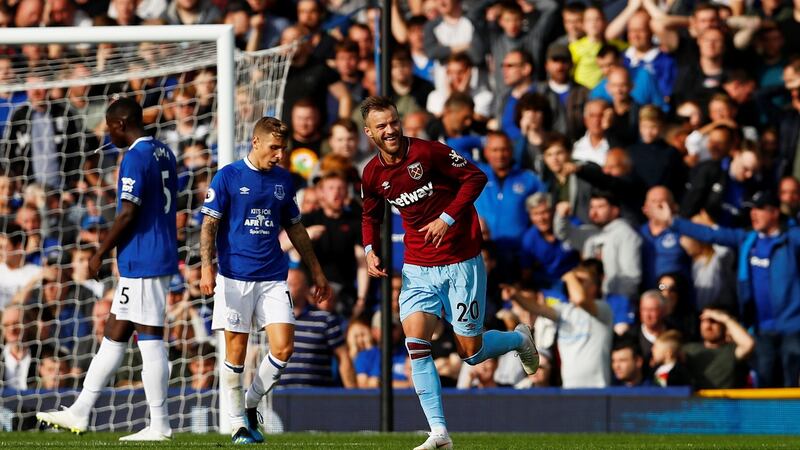 Andriy Yarmolenko celebrates his second in West ham’s 3-1 win over Everton at Goodison Park. Photograph: Jason Cairnduff/Reuters