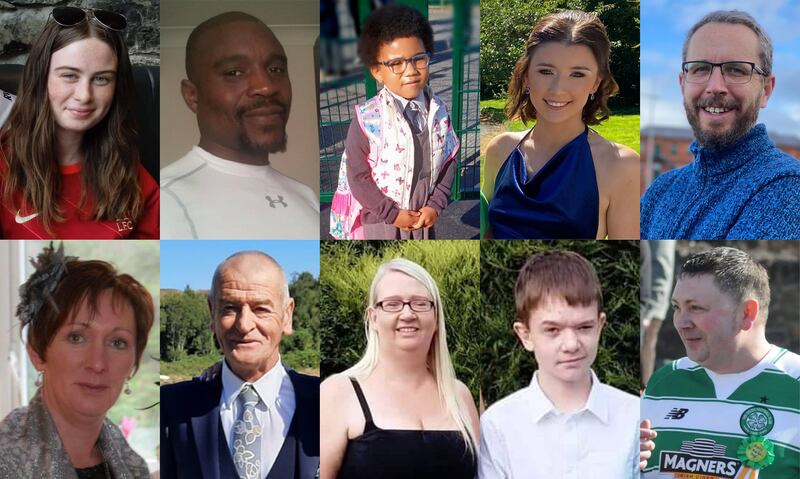 The 10 victims of the Creeslough explosion: (top row, left to right) Leona Harper (14), Robert Garwe (50), Shauna Flanagan Garwe (five), Jessica Gallagher (24), and James O'Flaherty (48), and (bottom row, left to right) Martina Martin (49), Hugh Kelly (59), Catherine O'Donnell (39) her 13-year-old son James Monaghan, and Martin McGill (49).