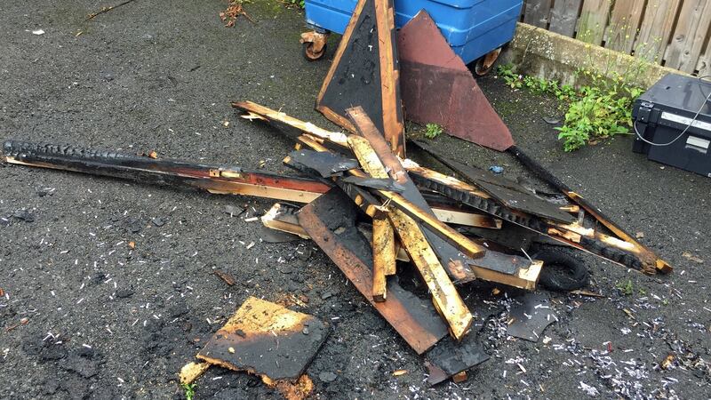 Fire damage to boarding outside Sinn Féin offices at Connolly House in west Belfast after an  arson and paint bomb attack. Photograph: David Young/PA Wire