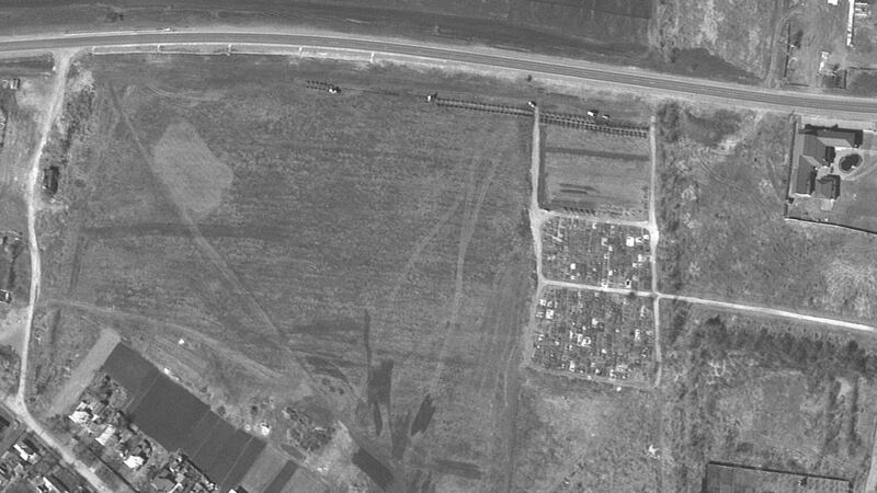 Satellite image released by Maxar Technologies shows a mass grave in Manhush, just west of Mariupol. Photograph: Maxar Tech/AFP via Getty Images