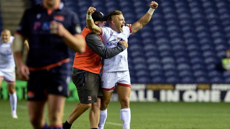 Ulster’s Ian Madigan celebrates after converting the final penalty to secure victory over Edinburgh in the Guinness Pro 14 semi-final against Edinburgh at  BT Murrayfield. Photograph: Ian Rutherford/Inpho