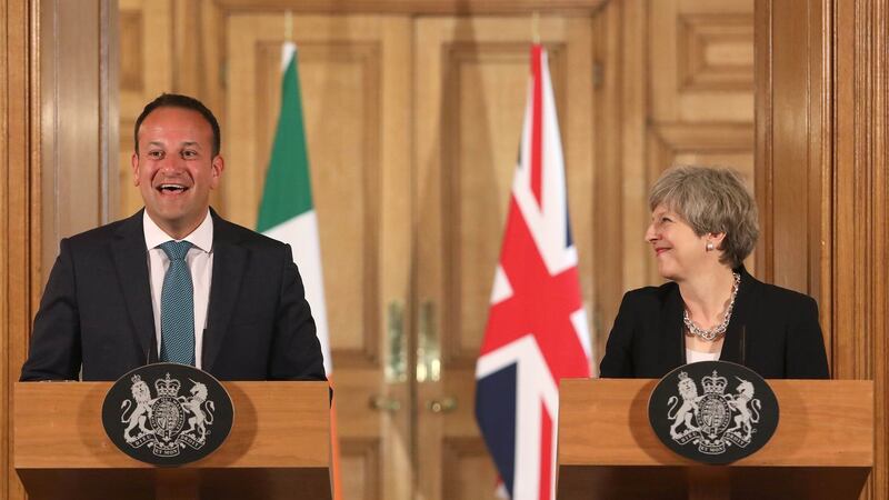 Leo Varadkar and former British prime minister Theresa May at a joint press conference in 2017 after talks at 10 Downing Street in London. Photograph: Philip Toscano/WPA Pool/Getty Images
