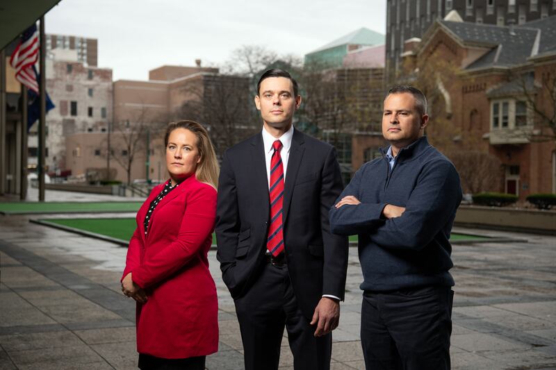 Melissa Swartz and David Hammond,  Broadwater’s lawyers, and Dan Myers, the private investigator, quickly realised that the case against  Broadwater had been flawed. Photograph: Benjamin Cleeton/The New York Times