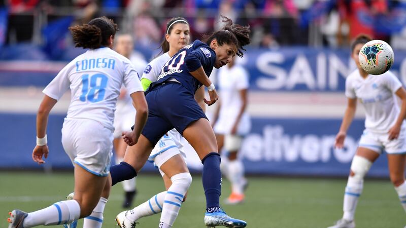 Nadia Nadim heads home a goal for Paris Saint-Germain against  Olympique Marseille at Stade Jean Bouin in Paris. Photograph: Aurelien Meunier/PSG via Getty Images