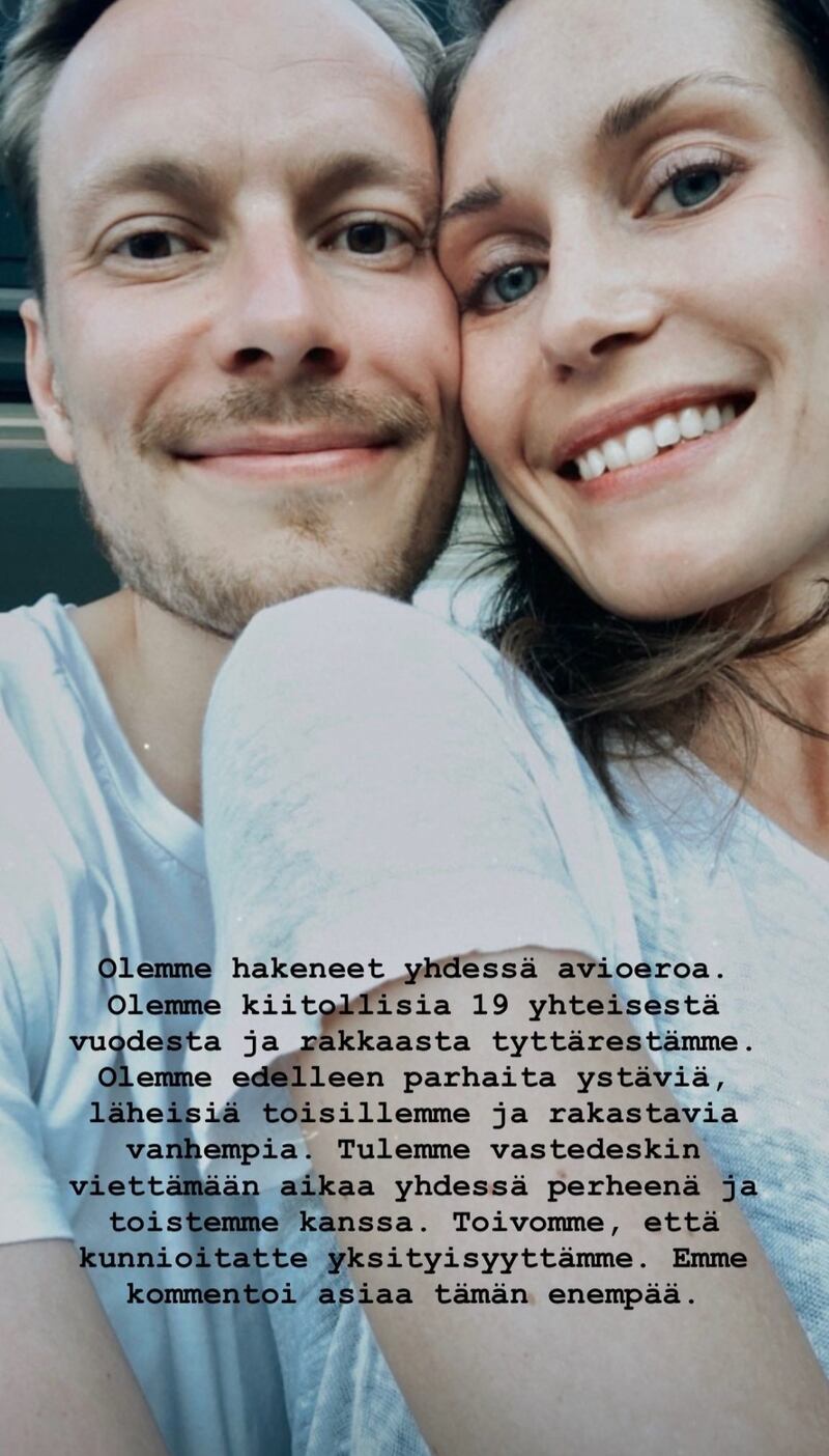 Sanna Marin announced she and her husband were filing for divorce on her Instagram stories. 