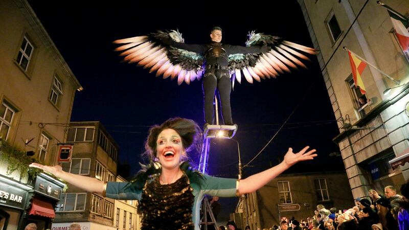 The Macnas Halloween parade, Out of the Wild Sky, passes through Galway city centre on Sunday evening. Photograph: Joe O’Shaughnessy