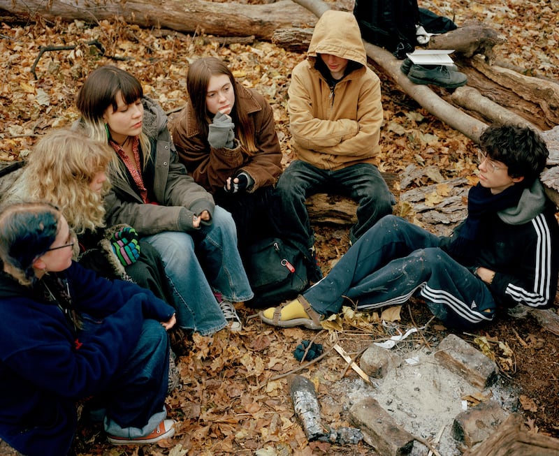 From left, Clementine Karlin-Pustilnik, Odille Zexter-Kaiser, Jameson Butler, Logan Lane, Yona Ehrlich and Max Frackman at a weekly meeting of the Luddite Club in Prospect Park in Brooklyn on December 11th. Photograph: Scott Rossi/The New York Times