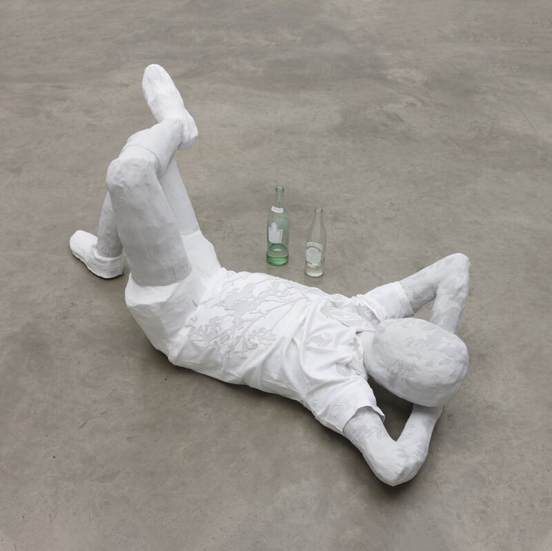 Hannah Fitz's Liar Liar, 2019 (sculpture: steel, card, plaster, fibreglass, resin, paint, pleather, T-shirt and two glass bottles)