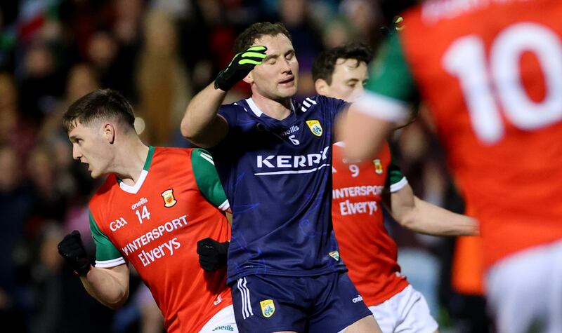 Mayo’s James Carr celebrates scoring his side's second goal. Photograph: James Crombie/Inpho