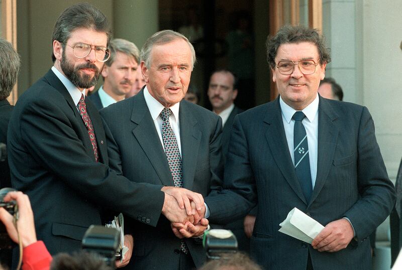 Then taoiseach Albert Reynolds shakes hands with Gerry Adams and John Hume. Photograph: Matt Kavanagh/The Irish Times