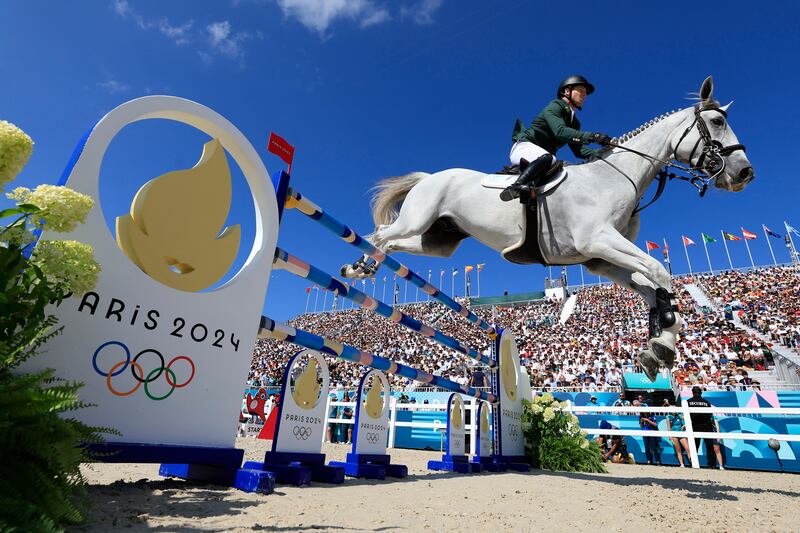 Shane Sweetnam and horse James Kann Cruz compete in the showjumping individual final at Chateau de Versailles. Photograph: Buda Mendes/Getty Images