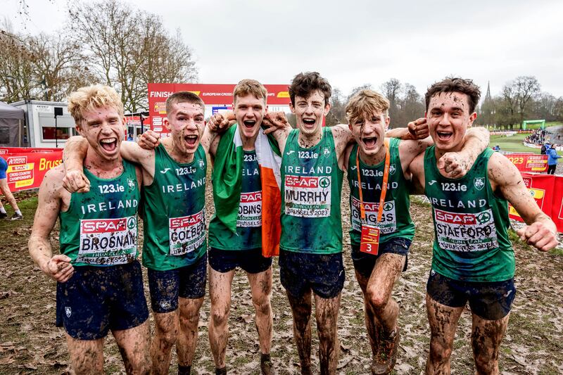 Ireland’s Shane Brosnan, Harry Colbert, Séamus Robinson, Niall Murphy, Nick Griggs and Jonas Stafford after the Men's U20 race in Brussels on Sunday. Photograph: Morgan Treacy/Inpho 