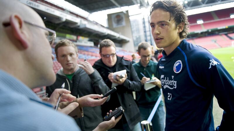 Delaney speaking to members of the Irish press ahead of Copenhagen’s Champions League qualifier against Shamrock Rovers in 2011. Photo: Lars Ronbog/Inpho