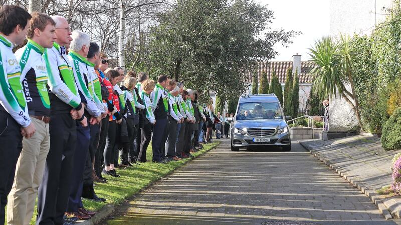 Members of Tonya McEvoy’s cycling club, Orwell Wheelers form a guard of honour  at her funeral at Our Lady of Good Counsel Church, Ballyboden. Photograph: Colin Keegan, Collins Dublin