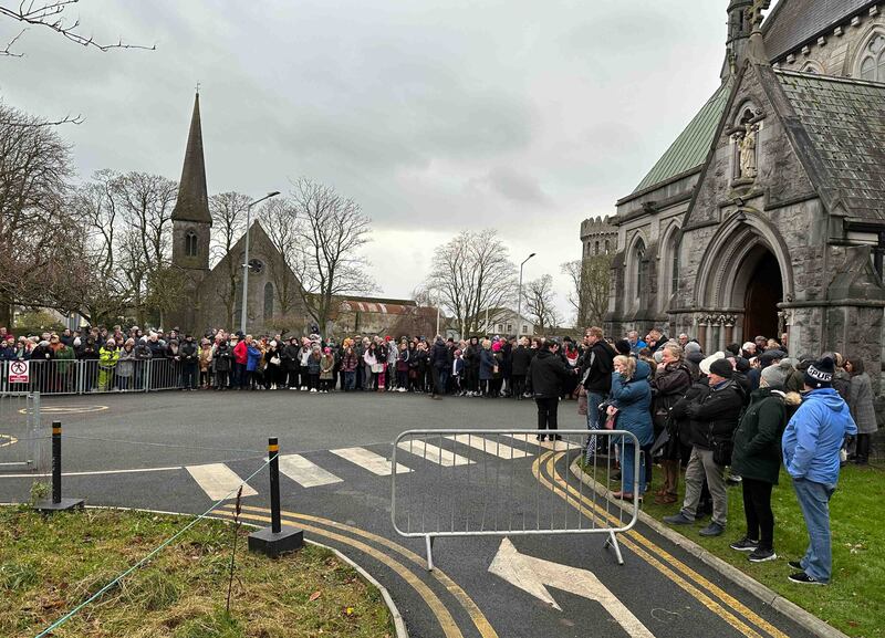 Huge crowds gathered inside and outside the church to say farewell to Shane MacGowan. Photograph: Eamonn Farrell / RollingNews.ie