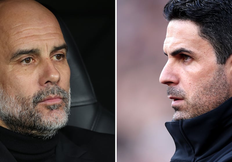 Manchester City manager Pep Guardiola and Arsenal manager Mikel Arteta. Photographs: Clive Brunskill/Getty Images; Julian Finney/Getty Images