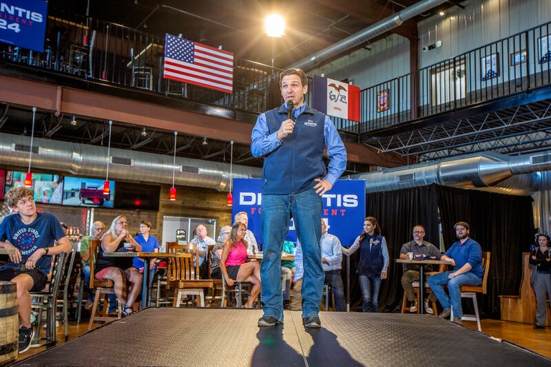 Ron DeSantis during an election campaign stop in Decorah, Iowa, at the weekend. The Florida governor must look at the historic record and see that a big part of becoming president is just sticking it out. Photograph: Rachel Mummey/New York Times
                      