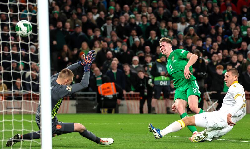Evan Ferguson fires home Ireland's equaliser during the Nations League victory against Bulgaria at the Aviva Stadium in March. Photograph: James Crombie/Inpho