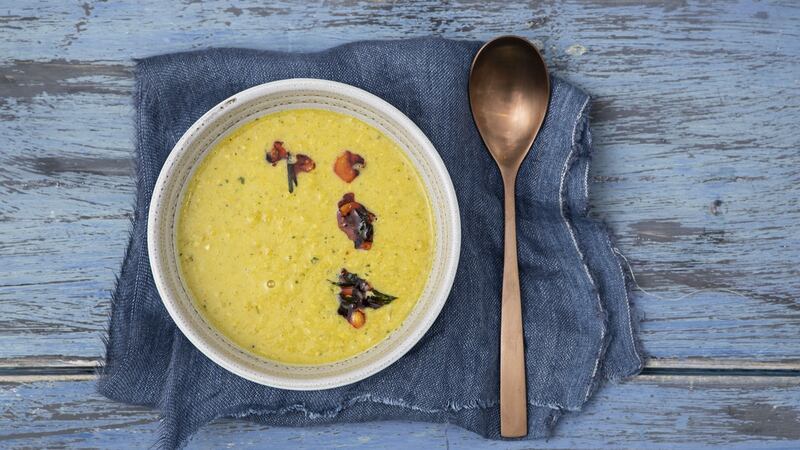 Curried sweetcorn and coconut soup. Photograph: Harry Weir 