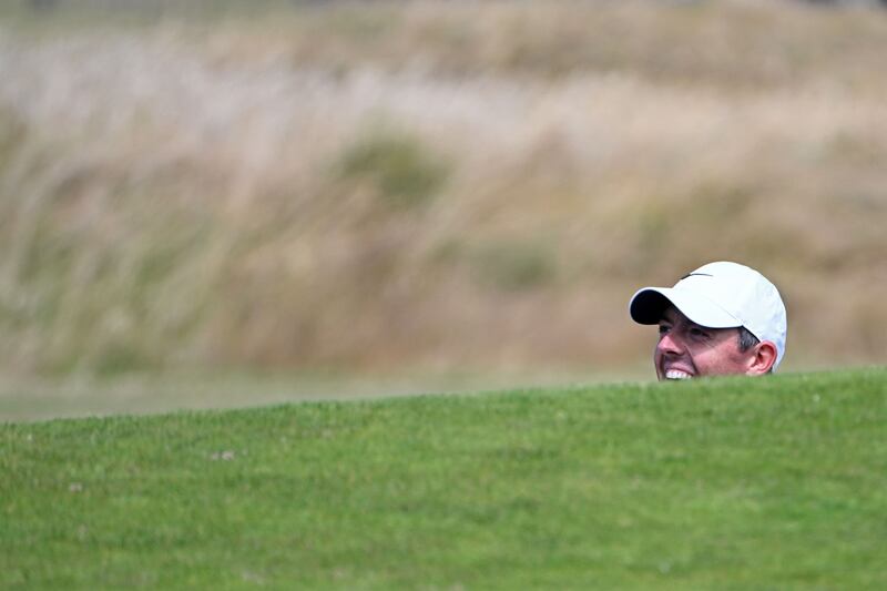 Rory McIlroy playing from a bunker on the 17th hole during a practice round for the 150th British Open on the Old Course at St Andrews, Scotland. Photograph: Paul Ellis/AFP via Getty Images