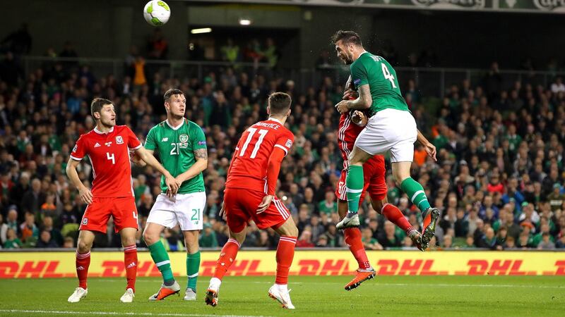 Ireland’s Shane Duffy heads at goal during the Uefa Nations League match against Wales at the  Aviva Stadium. Photograph: Ryan Byrne/Inpho