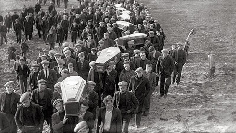 The funeral procession after the Árainn Mhór disaster of 1935, when 19 returning migrant labourers died after their boat hit rocks