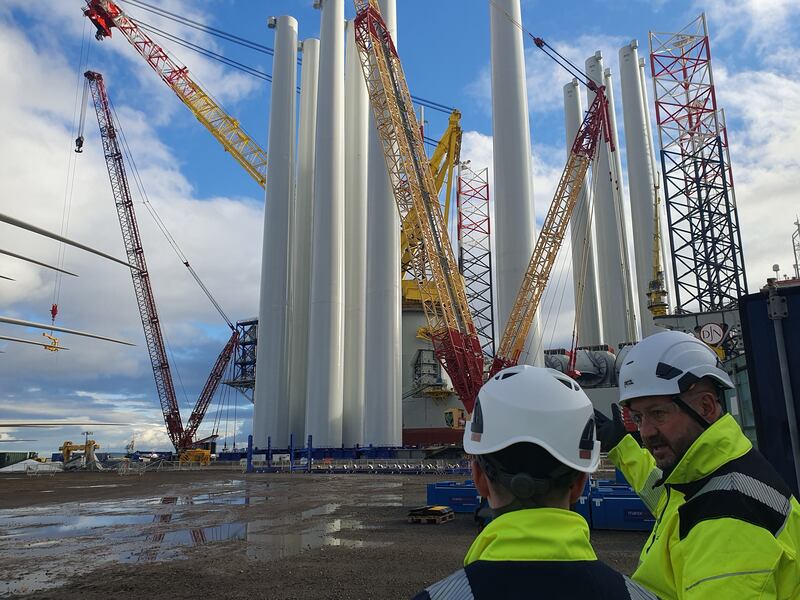 Eastgate Engineering project manager, Steve Yeaman and De La Salle Waterford Student, Ben Brennan at Teesside, overseeing the shipment of some of the 277 turbines, as high as Dublin’s Spire to Dogger Bank,  the world’s largest wind farms, more than 140km off the north coast of England