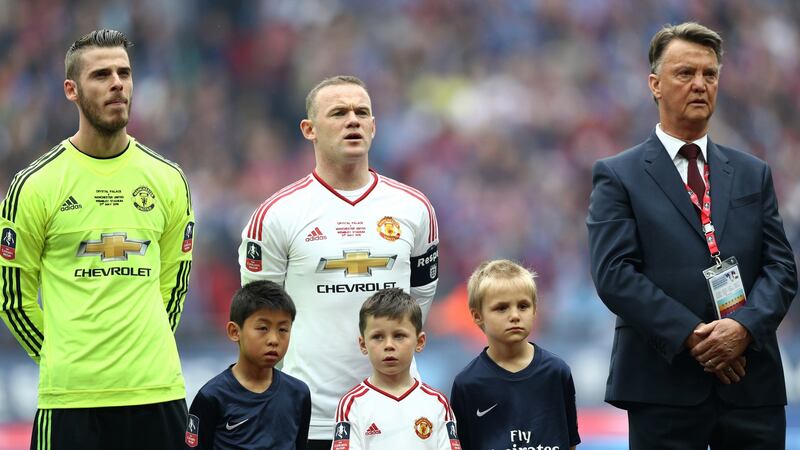 David de Gea, Wayne Rooney and Louis van Gaal ahead of the 2016 FA Cup final. Photograph: Paul Gilham/Getty