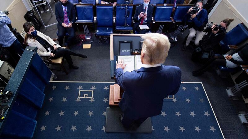 US president Donald Trump speaks in the Brady Briefing Room at the White House. Photograph: Brendan Smialowski /AFP via Getty Images