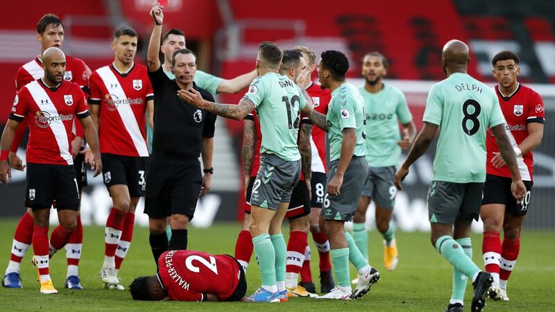 Lucas Digne is shown a red card during Southampton’s win over Everton. Photograph: Frank Augstein/EPA