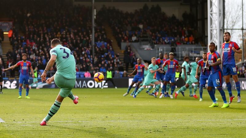 Granit Xhaka scores Arsenal’s equaliser against Palace. Photograph: Catherine Ivill/Getty