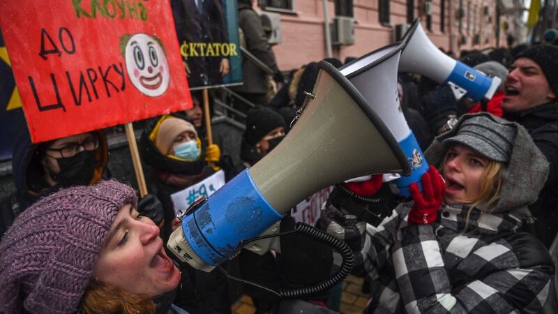 Supporters of Ukraine’s former leader Petro Poroshenko  attend a rally  in Kyiv this month.  Photograph:  Genya Savilov / AFP