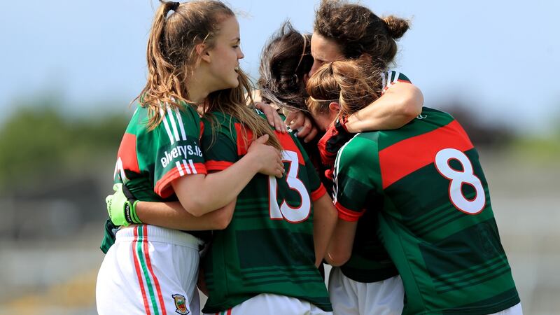 Mayo player’s celebrate at the end of the game. Photograph: Donall Farmer/Inpho