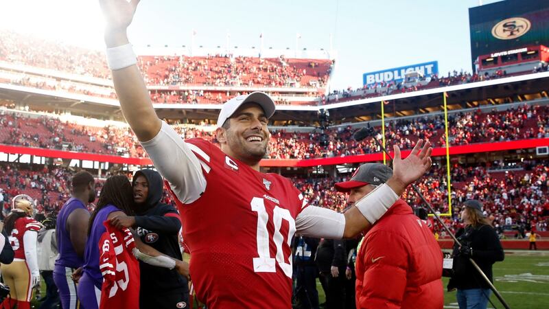 Quarterback Jimmy Garoppolo celebrates after the San Francisco 49ers beat the Minnesota Vikings. Photograph: Lachlan Cunningham/Getty