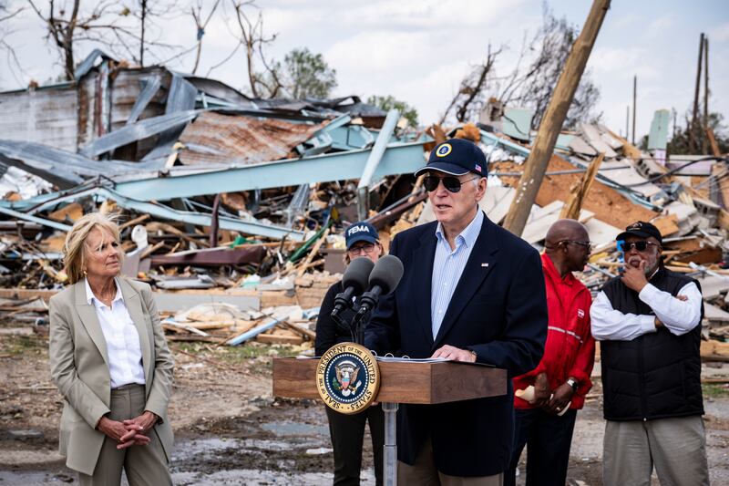 President Joe Biden delivers remarks alongside first lady Jill Biden as they tour tornado damage in Rolling Fork, Mississippi. Photograph: Pete Marovich/The New York Times